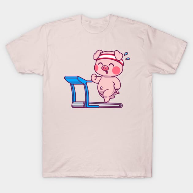 Cute Pig Running On Treadmill Cartoon T-Shirt by Catalyst Labs